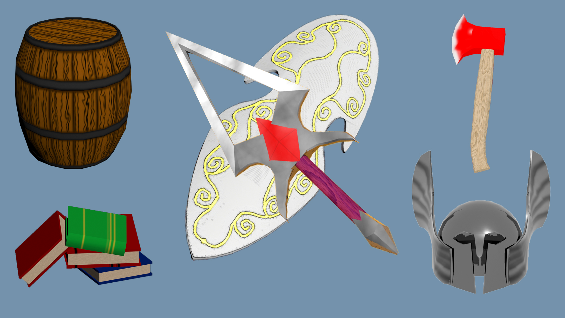 Image of a 3D rendered metal helmet with wings on the side.