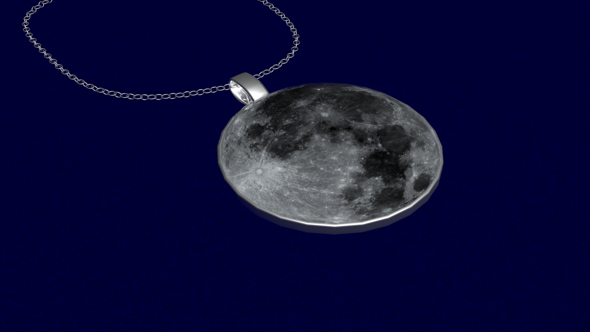 Image of a 3D rendered silver pendent with the moon on it, on a blue background.