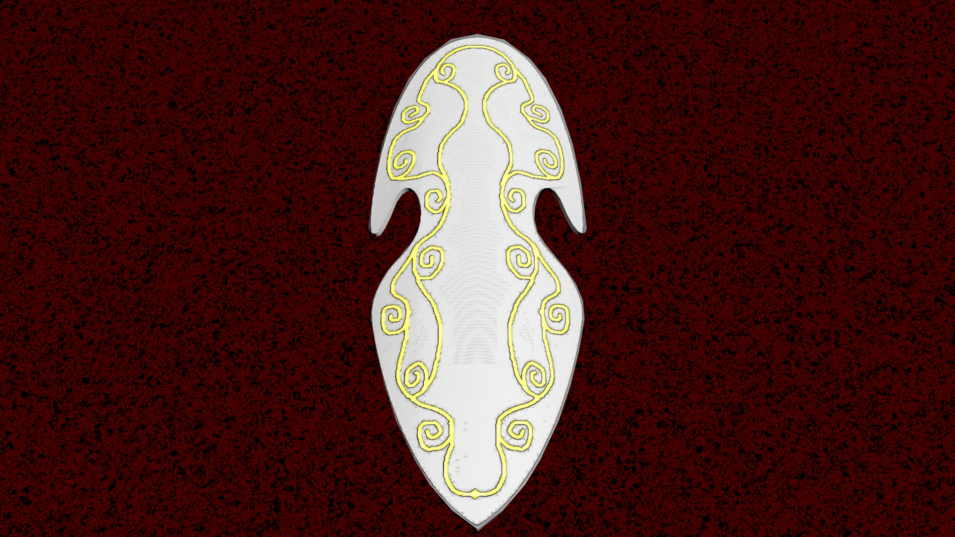 3D rendered shield with a swirling design on the front.