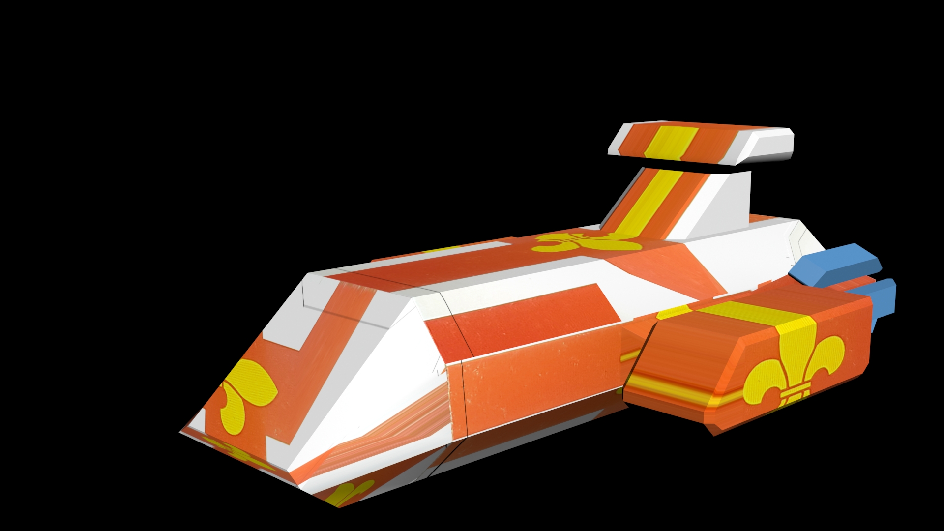 Simple 3D rendered spaceship with a red and white texture.