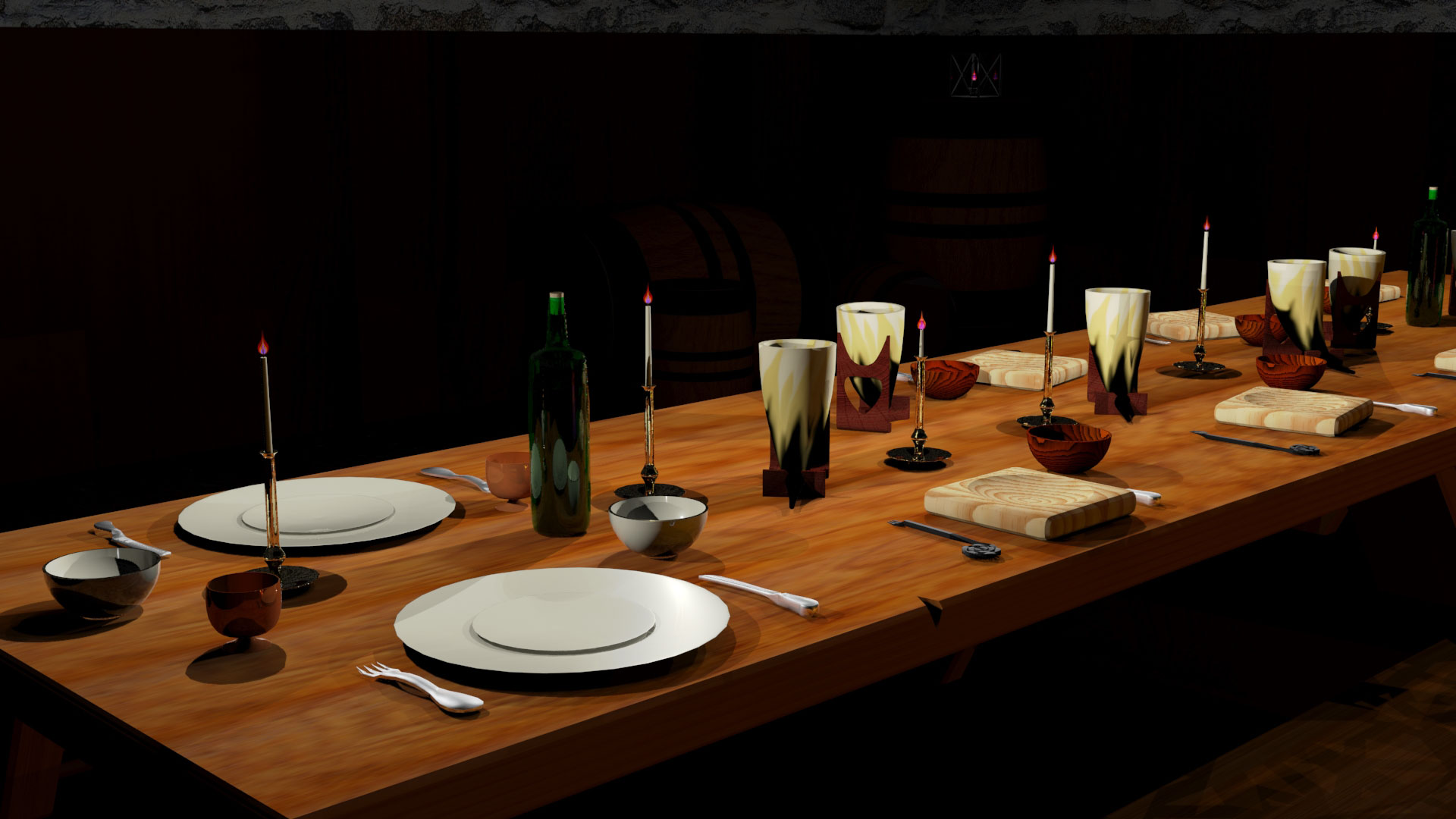 Image of a 3D rendered table with various table settings,  