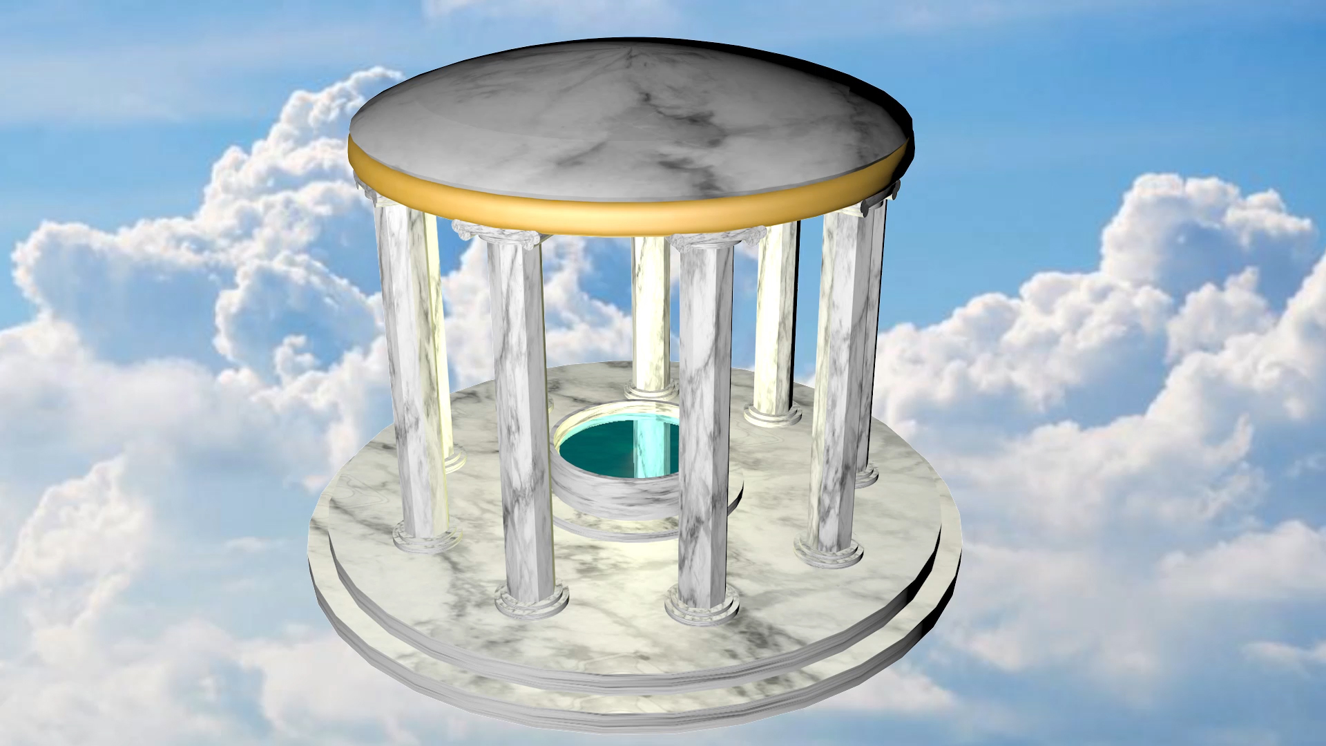 Image of a 3D rendered temple floating in the sky.