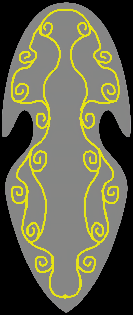 Illustrated image of a series of curved lines on a shield.