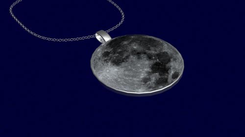 Image of a 3D rendered silver pendant with the moon on it, on a blue background.